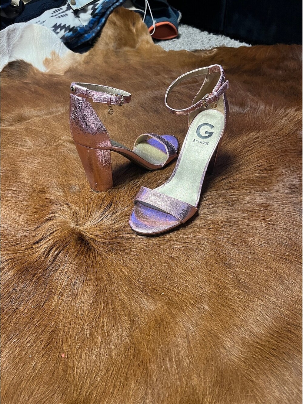 Metallic Pink Ankle Strap Block Heel Sandal